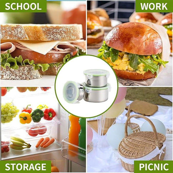 3Pcs Stainless Steel Sealed Crisper Storage Box With Lid Round Food Lunch Black Lunchboxes