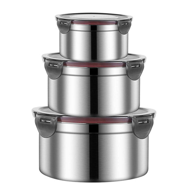 3Pcs Stainless Steel Sealed Crisper Storage Box With Lid Round Food Lunch Black Lunchboxes