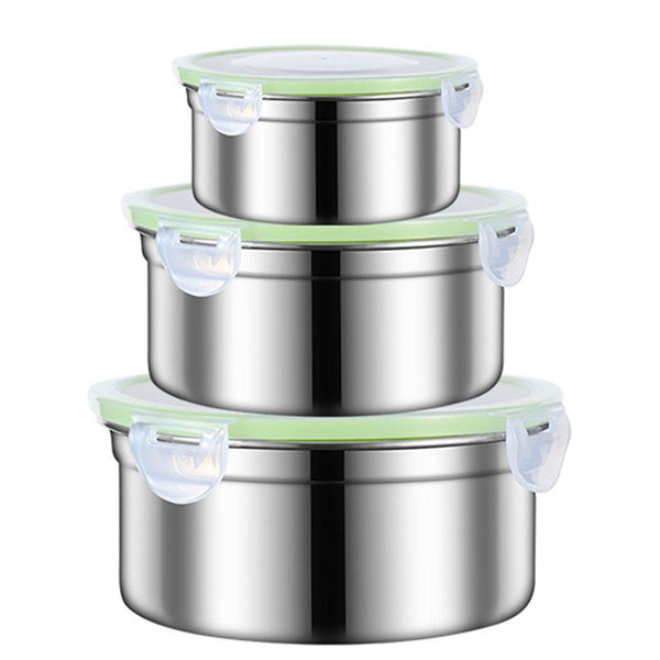 3Pcs Stainless Steel Sealed Crisper Storage Box With Lid Round Food Lunch Black Lunchboxes