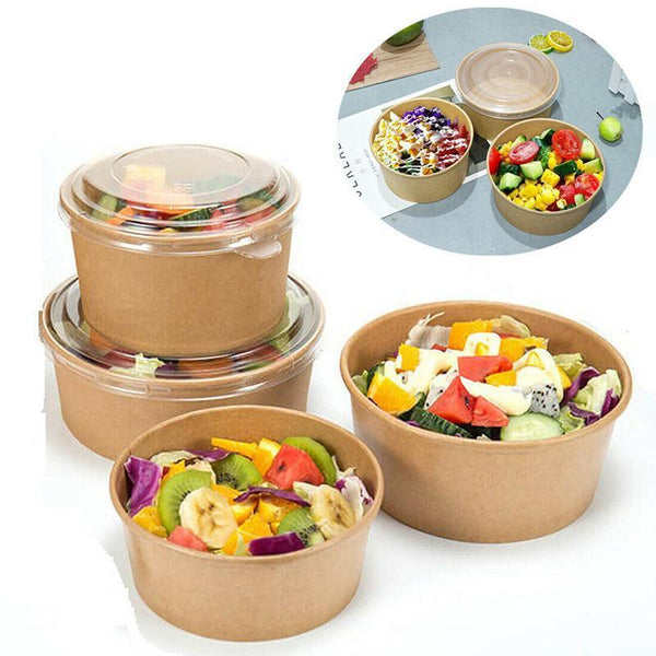 Take Away Kraft Paper Salad Bowl Food Grade Takeout Tableware With Lid 50Pcs 500Ml Bowls