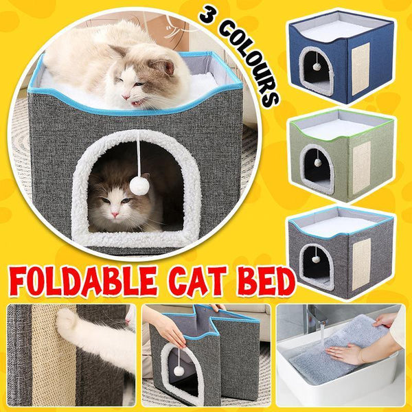 Foldable Pet Cat Calming Bed Hideaway Interactive House Nest Scratching Board Dark Grey Pet Beds