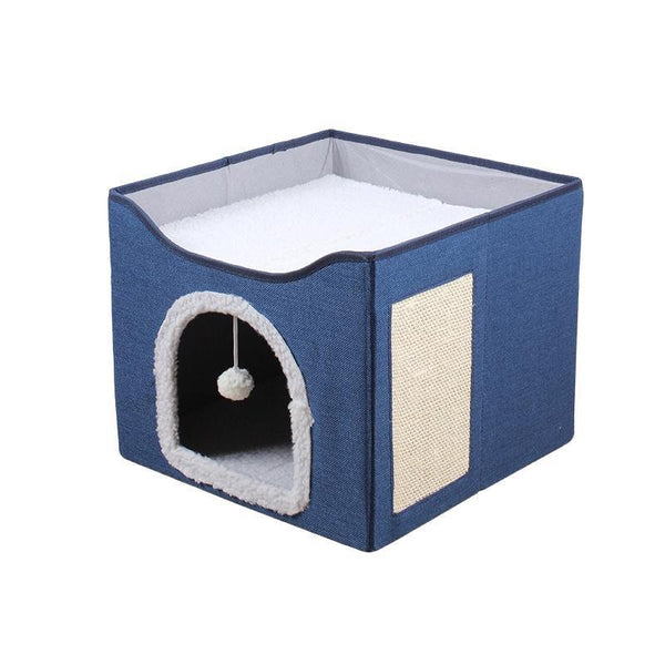 Foldable Pet Cat Calming Bed Hideaway Interactive House Nest With Scratching Board Navy Pet Beds
