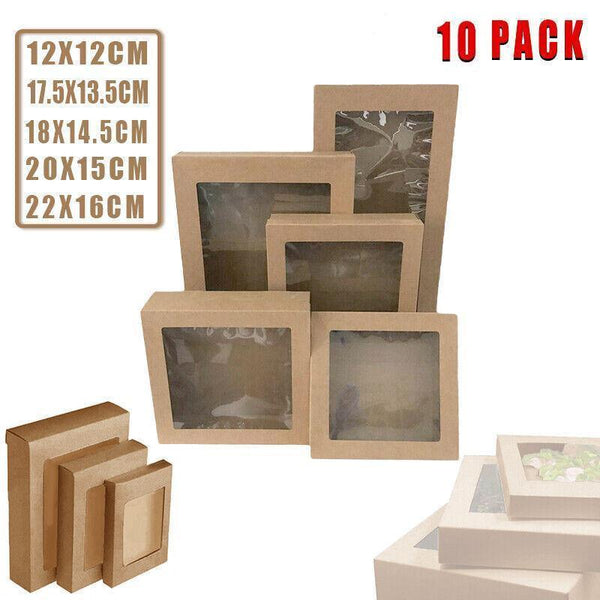 10 Pack Kraft Paper Boxes With Window Disposable Cardboard Gift Catering Trays 20X15x5cm Food Storage Containers