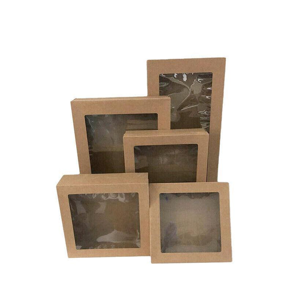 10 Pack Kraft Paper Boxes With Window Disposable Cardboard Gift Catering Trays 20X15x5cm Food Storage Containers