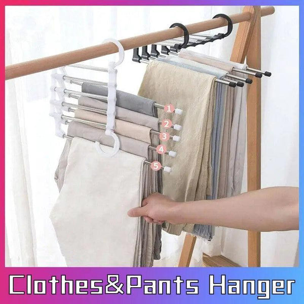 5 In 1 Stainless Steel Pants Rack Hanger Wardrobe Shelves Magic Multi Functional Black 1Pc Clothes Hangers