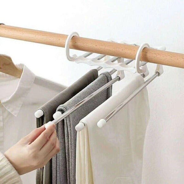 5 In 1 Stainless Steel Pants Rack Hanger Wardrobe Shelves Magic Multi Functional Black 1Pc Clothes Hangers