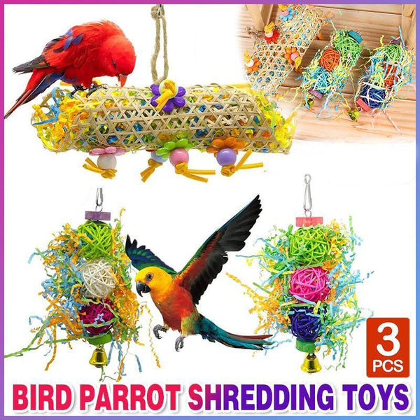 3Pcs Bird Parrot Shredding Toys Chewing Foraging Hanging Cage Shredder Bell Birds Toys