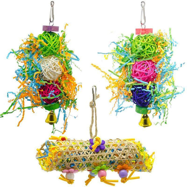 3Pcs Bird Parrot Shredding Toys Chewing Foraging Hanging Cage Shredder Bell Birds Toys
