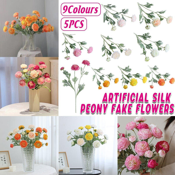 5Pcs Artificial Peony Silk Flowers Bouquet Decor Faux Floral Arrangements Champagne Artificial Plants