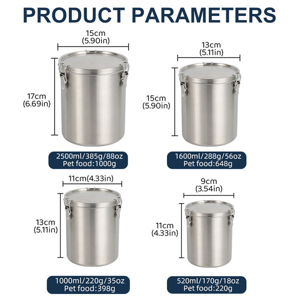 Stainless Steel Pet Food Storage Bucket Dog Cat Grain Container Bin Kitchen 2500Ml Food Storage Containers