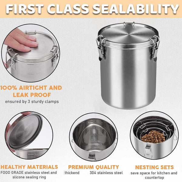 Stainless Steel Pet Food Storage Bucket Dog Cat Grain Container Bin Kitchen 2500Ml Food Storage Containers