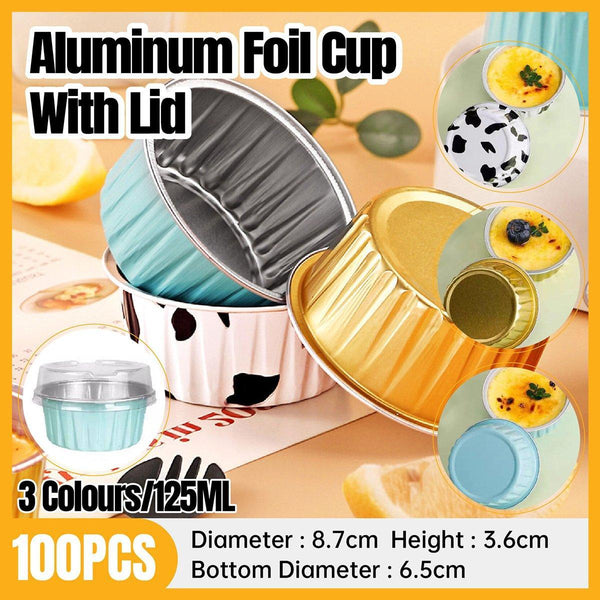 100Pcs Cake Tools Pudding Aluminum Foil Baking Cups Cupcake With Lids Cow Baking Cups & Cases
