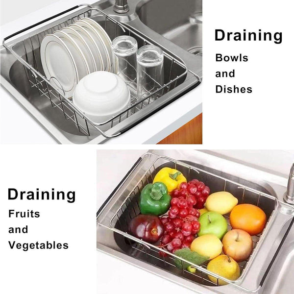 Stainless Steel Sink Draining Basket Telescopic Dish Rack Kitchen Storage Holder Colanders Strainers & Sifters