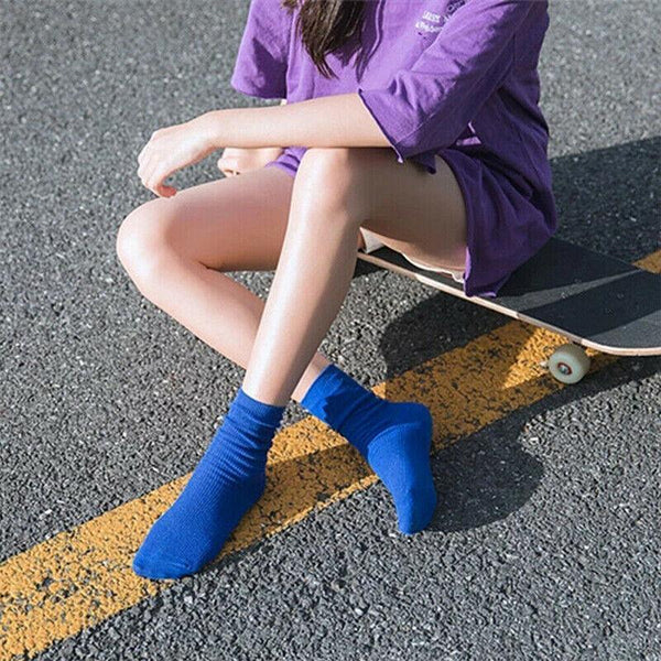 Solid Pure Colour Formal Socks Cotton Fashion Casual Breathable Crew Blue 4 Pairs Womens Socks