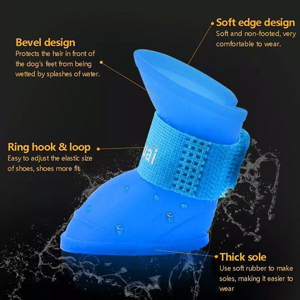 4Pcs Cartoon Boots Pet Rain Shoes Waterproof Non Slip Wear Resistant Dog Blue Dog Clothing & Shoes