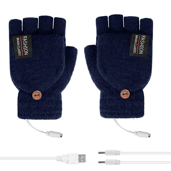 Usb Heated Half Finger Gloves Winter Warm Knitted For Typing And Office Use Navy Gloves & Mittens