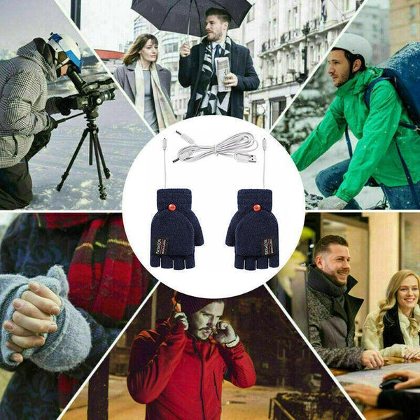 Usb Heated Half Finger Gloves Winter Warm Knitted For Typing And Office Use Blue Gloves & Mittens