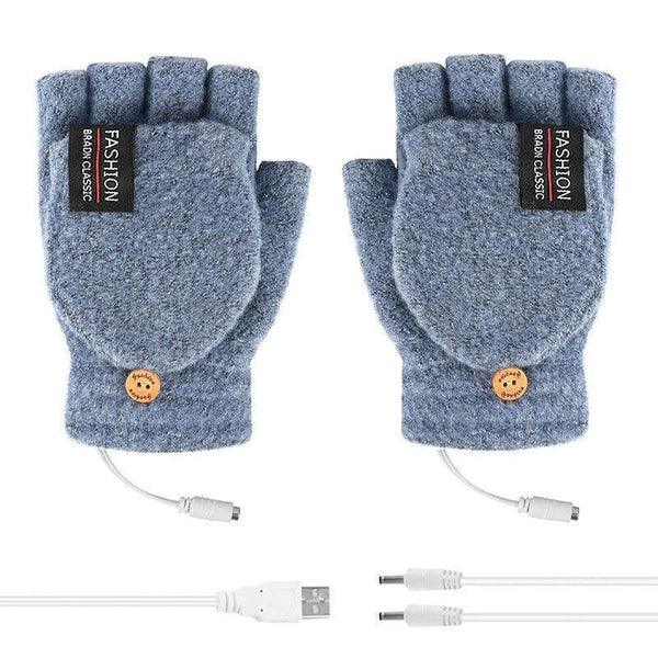 Usb Heated Half Finger Gloves Winter Warm Knitted For Typing And Office Use Blue Gloves & Mittens