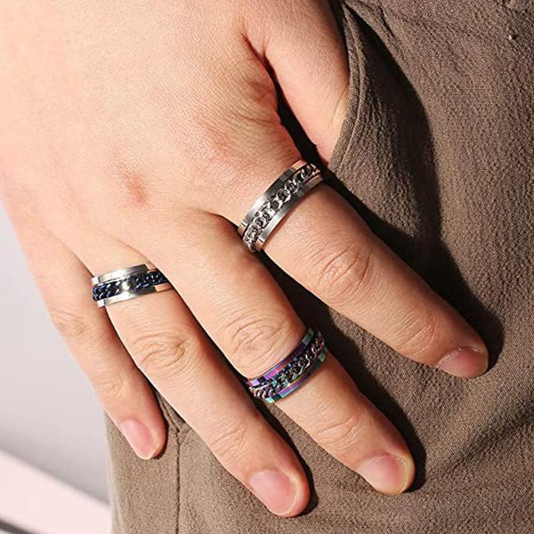 Spinner Mens Womens Fidget Rotating Silver Stainless Steel Size 12 Black Rings
