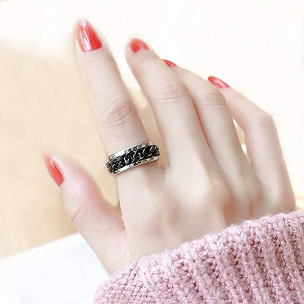 Spinner Mens Womens Fidget Rotating Silver Stainless Steel Size 6 Black Rings