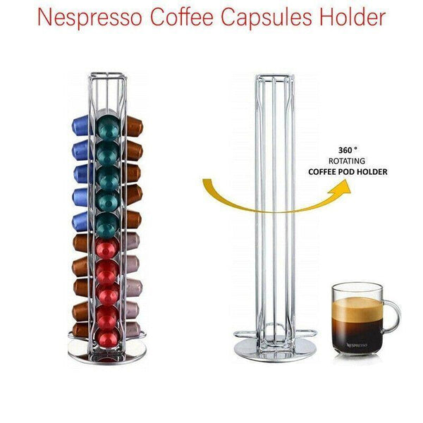 40 Capsules Rotating Coffee Pod Holder Rack For Nespresso Chrome Countertop Stand Coffee Pods