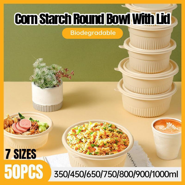 50Pcs Biodegradable Corn Starch Lunch Box Round Takeout Containers Eco Friendly 900Ml Lunchboxes