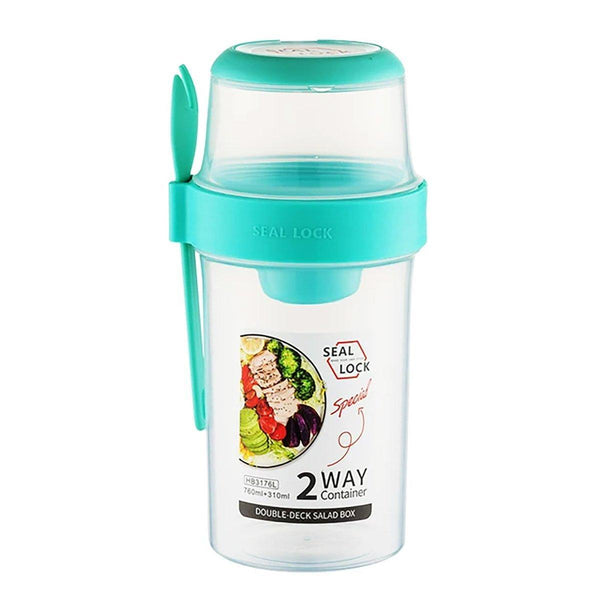 Double Plastic Salad Cup With Fork Sealed Breakfast Container On The Go Meal 560Ml Green Food Storage Containers