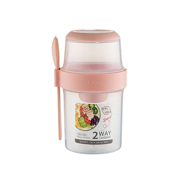 Double Plastic Salad Cup With Fork Sealed Breakfast Container On The Go Meal 560Ml Green Food Storage Containers