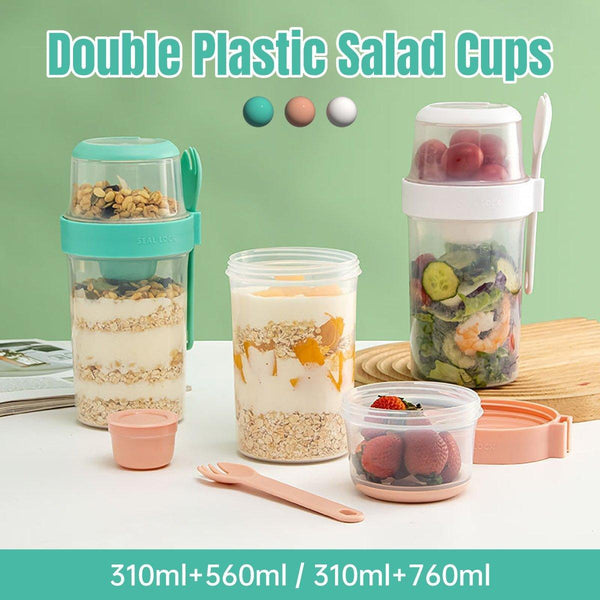 Double Plastic Salad Cup With Fork Sealed Breakfast Container On The Go Meal 760Ml Pink Food Storage Containers