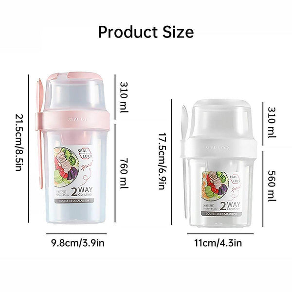 Double Plastic Salad Cup With Fork Sealed Breakfast Container On The Go Meal 760Ml Pink Food Storage Containers