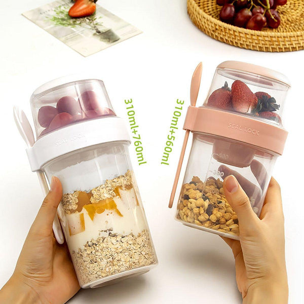 Double Plastic Salad Cup With Fork Sealed Breakfast Container On The Go Meal 760Ml Pink Food Storage Containers