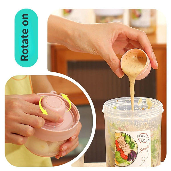 Double Plastic Salad Cup With Fork Sealed Breakfast Container On The Go Meal 760Ml Pink Food Storage Containers