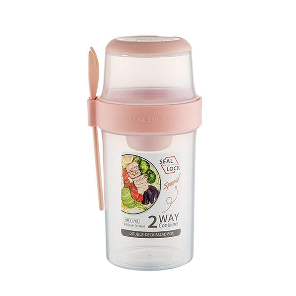 Double Plastic Salad Cup With Fork Sealed Breakfast Container On The Go Meal 760Ml Pink Food Storage Containers