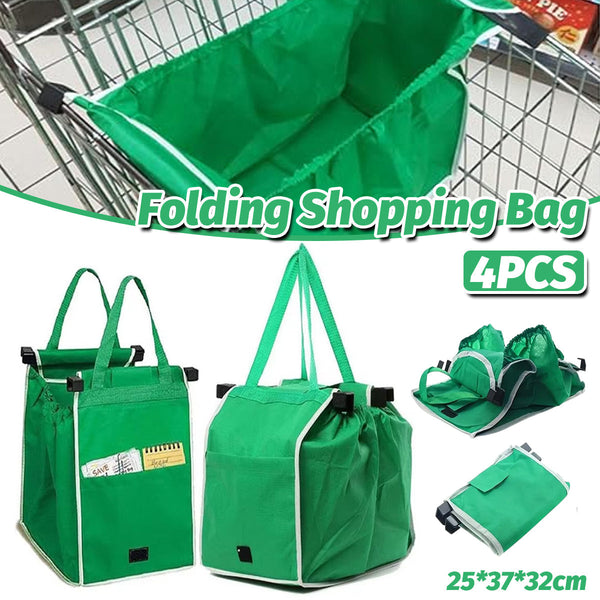 4 X Reusable Supermarket Shopping Trolley Clip On Large Foldable Grab Handle Bag Reusable Shopping Bags
