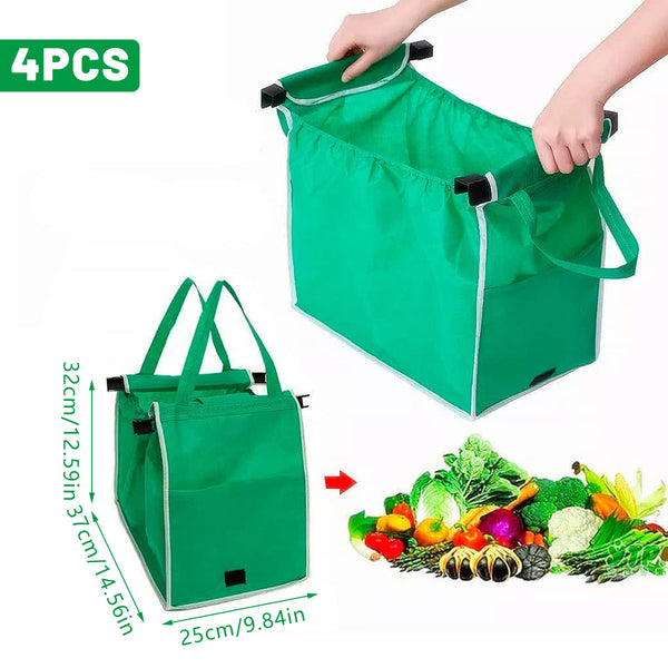 4 X Reusable Supermarket Shopping Trolley Clip On Large Foldable Grab Handle Bag Reusable Shopping Bags