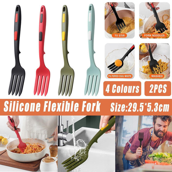 2Pcs Silicone Heat Resistant Flexible Cooking Dishwasher Safe Kitchen Blue Green Forks