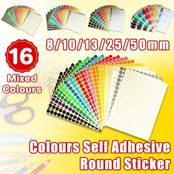 8Mm To 50Mm Round Dot Stickers Coloured Paper Labels Circles Adhesive Sticky 13Mm 132 Dots 16 Sheets Scrapbooking Stickers