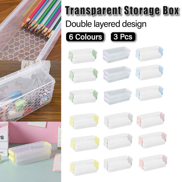 3Pcs Clear Plastic Desktop Storage Box 2 Layer Holder Diy Stationery Pencil Case Green Pencil Cases