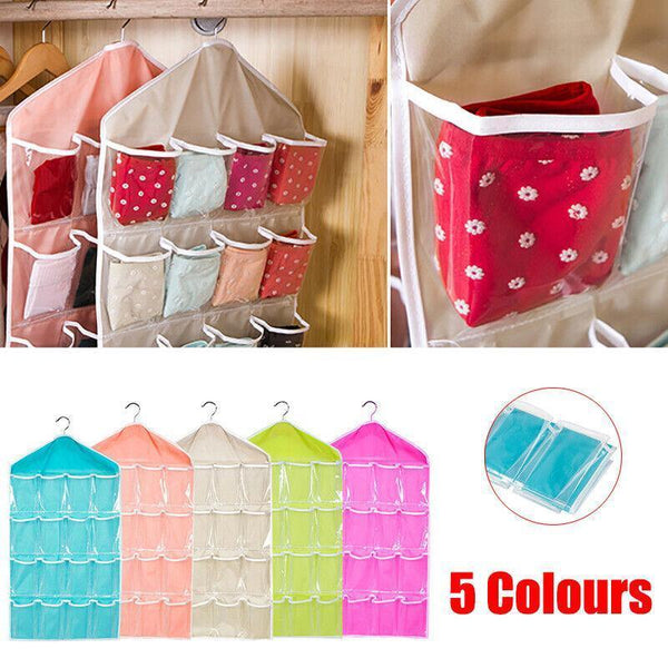 16 Pockets Hanging Wardrobe Storage Organiser Bag For Socks And Underwear Green Hanging Closet Storage