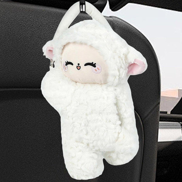 Car Tissue Box Multifunctional Hanging Drawer Cartoon Plush Sheep Design Tissue Box Covers