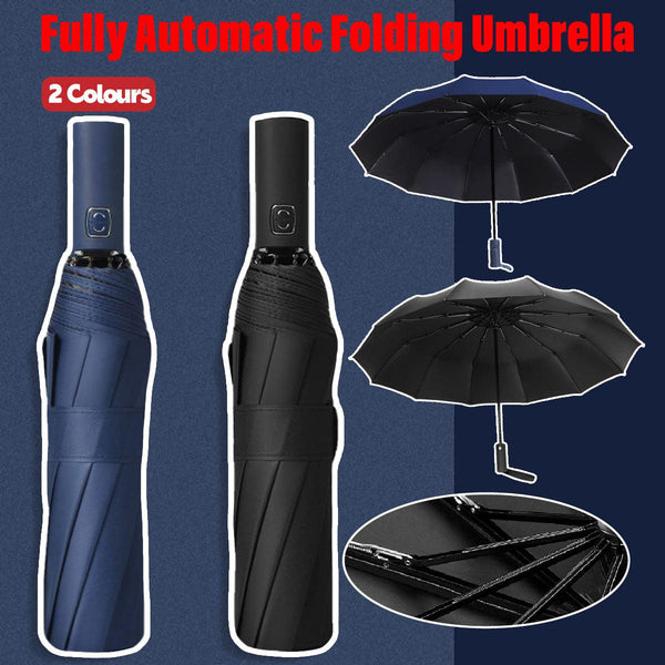 Automatic Folding Umbrella 12 Rib Large Windproof Sunshade For Men And Women Black Umbrellas