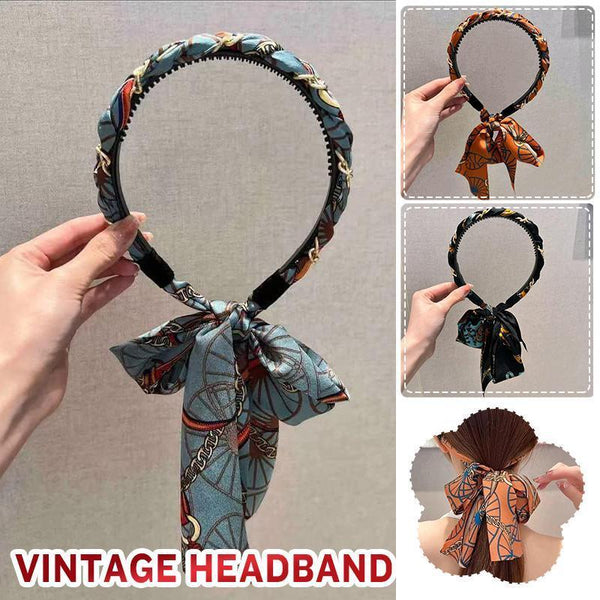 Chains Patterned Satin Headband With Long Scarf Orange Hair Accessories