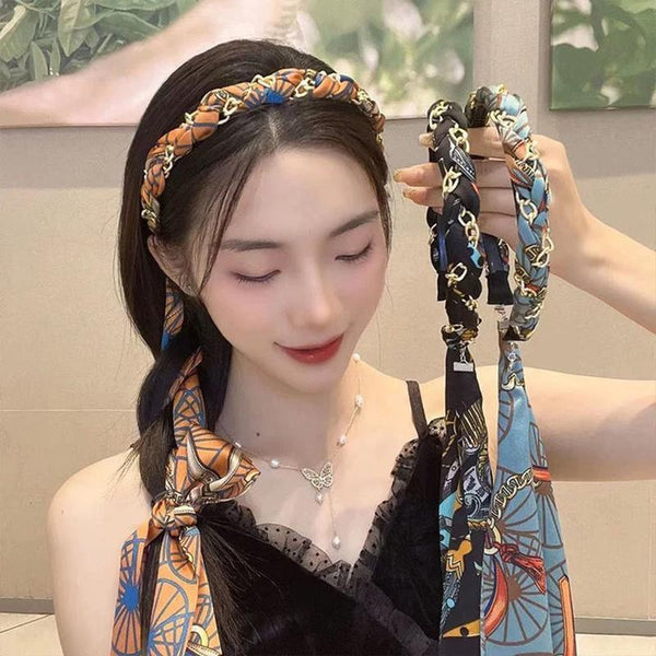 Chains Patterned Satin Headband With Long Scarf Orange Hair Accessories