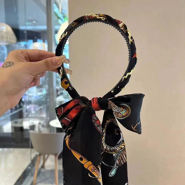 Chains Patterned Satin Headband With Long Scarf Orange Hair Accessories