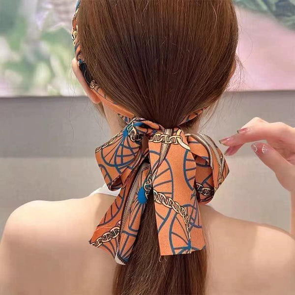 Chains Patterned Satin Headband With Long Scarf Orange Hair Accessories