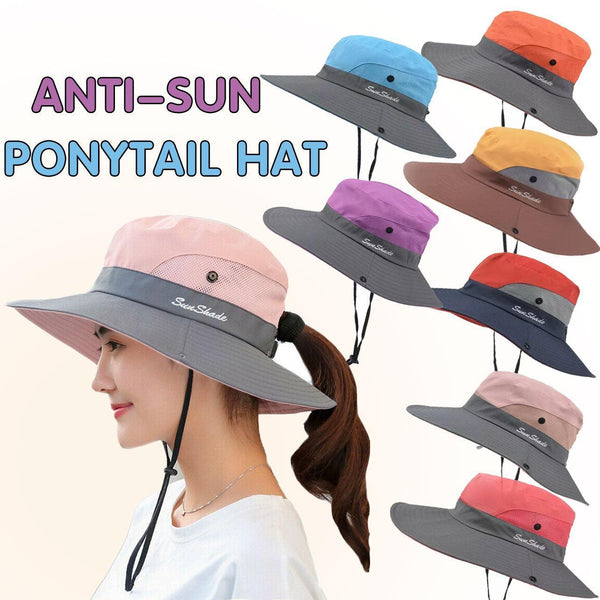 Women Wide Brim Ponytail Hat Sun Protect Visor Summer Beach Cap Anti Uv Floppy Yellow Hats
