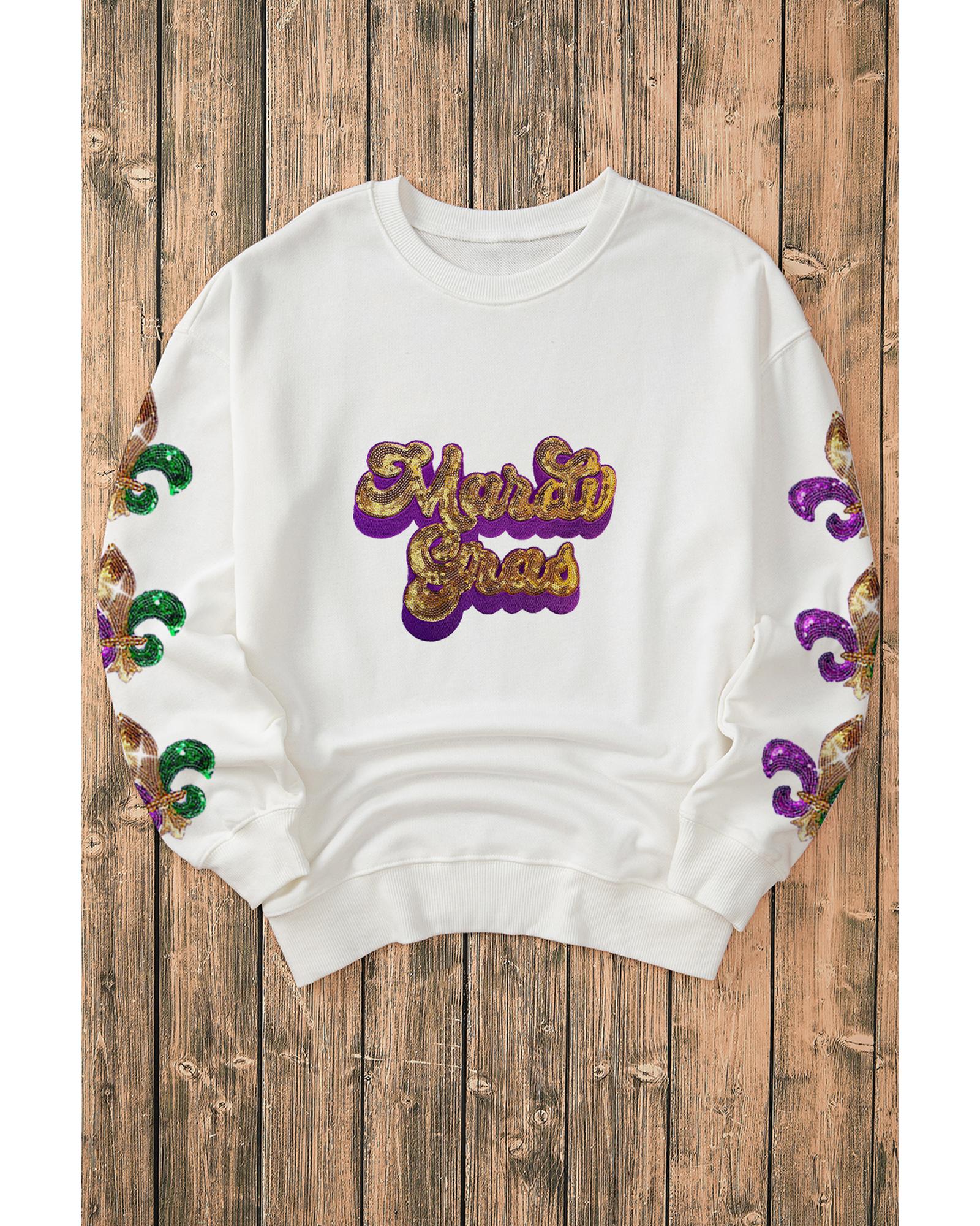 Beige Sequin Mardi Gras Patched Pattern Fleur De Lis Sleeve Sweatshirt Xl Hoodies & Sweatshirts