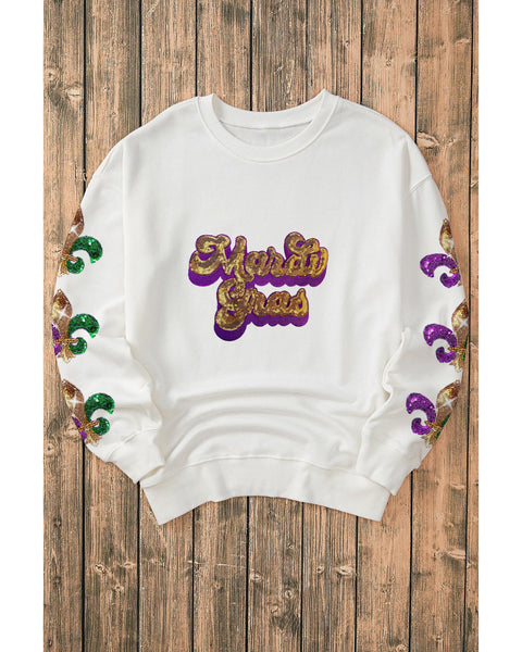 Beige Sequin Mardi Gras Patched Pattern Fleur De Lis Sleeve Sweatshirt Xl Hoodies & Sweatshirts