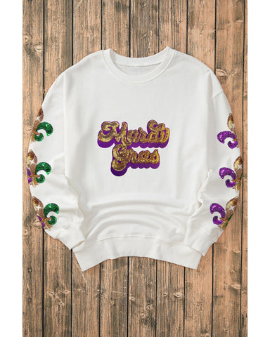 Beige Sequin Mardi Gras Patched Pattern Fleur De Lis Sleeve Sweatshirt Xl Hoodies & Sweatshirts