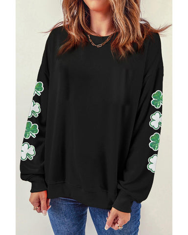 Black Sequin Clover Patched Drop Shoulder Sweatshirt M Hoodies & Sweatshirts